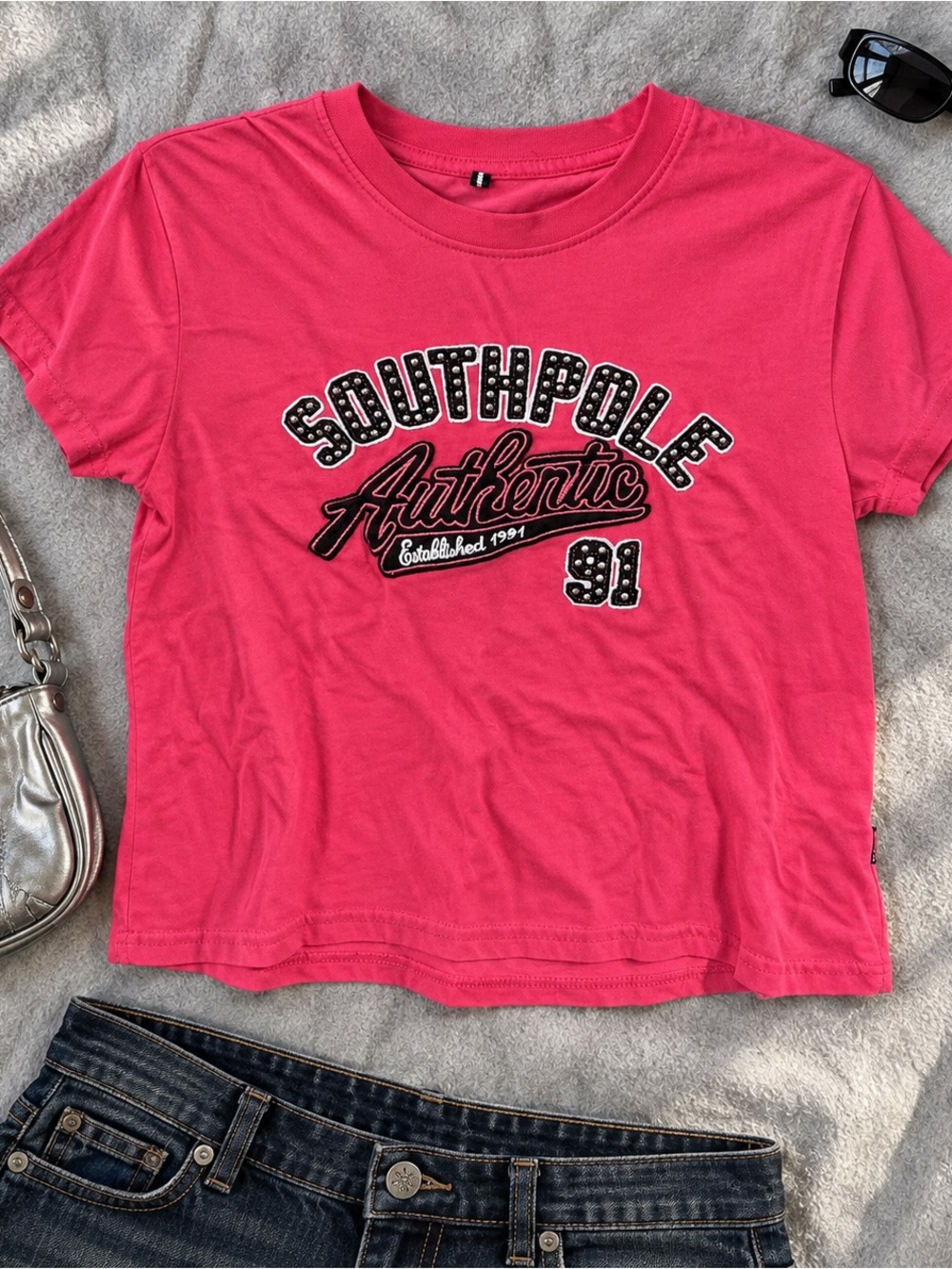 Y2K Southpole Hot Pink Studded Appliqué Baby Tee M 2000s Streetwear